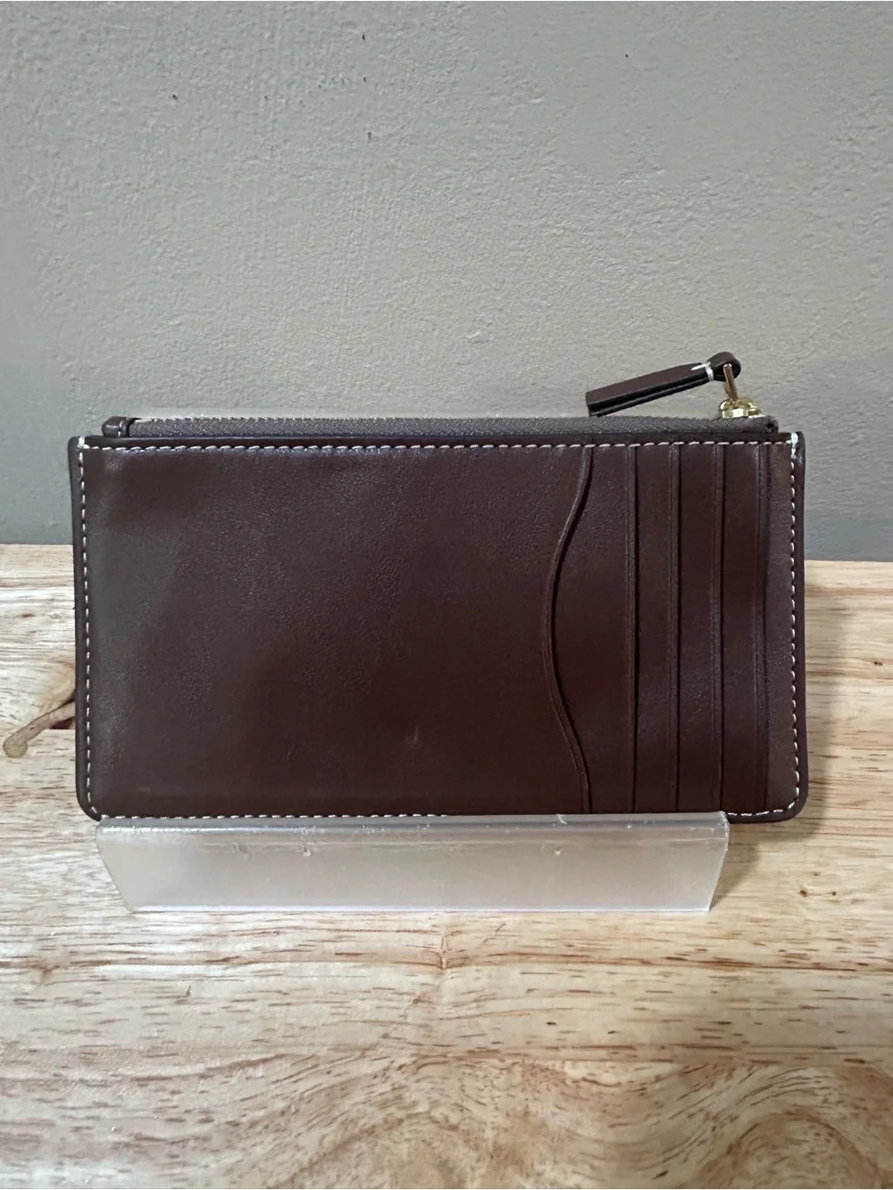 Tory Burch Dark Brown Leather Zip Card Case with Gold Logo